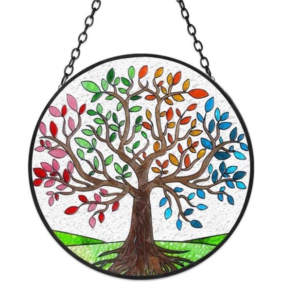 Tree of Life Stained Glass Suncatcher Four Season Theme Colorful Leaves - Picture 1 of 7